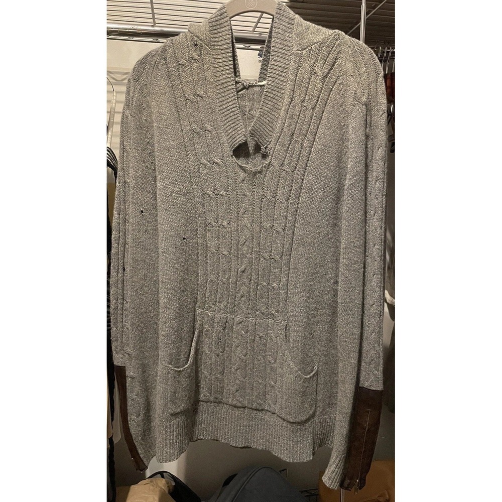 VNTG Gray Cashmere Cable Knit Sweater Mens Large Distressed Hoodie Leather Trim